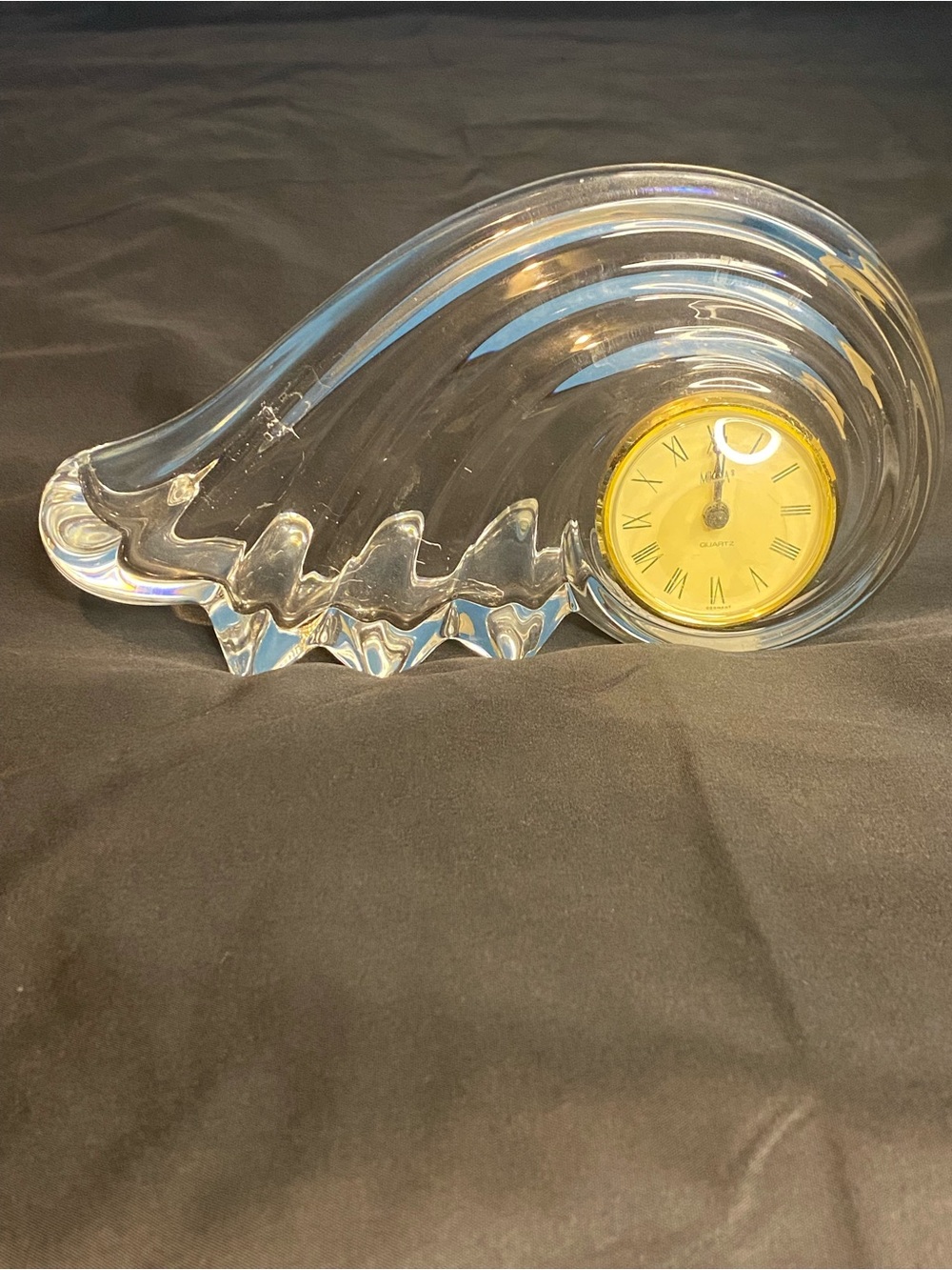 Mikasa Clear Glass Nautilus Shell Clock with Gold Dial